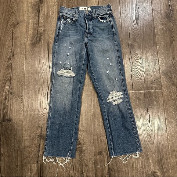 AMO Loverboy Freedom Blue Distressed Cropped Raw Hem Jeans in Retro Size 23 - Picture 13 of 13
